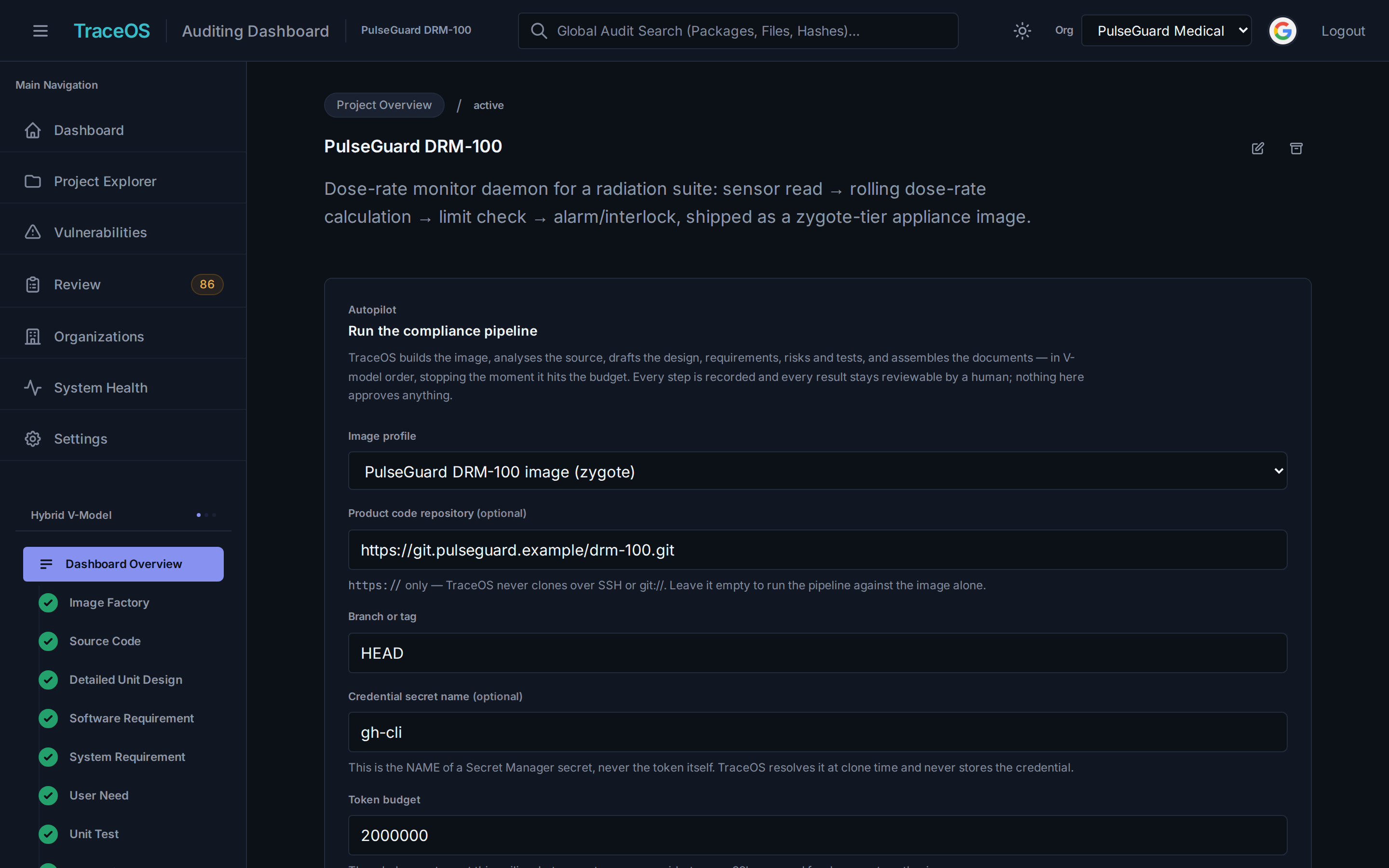 TraceOS Autopilot: define the image, point at your product repository, and run the entire compliance pipeline from one screen — human review tracked in parallel.