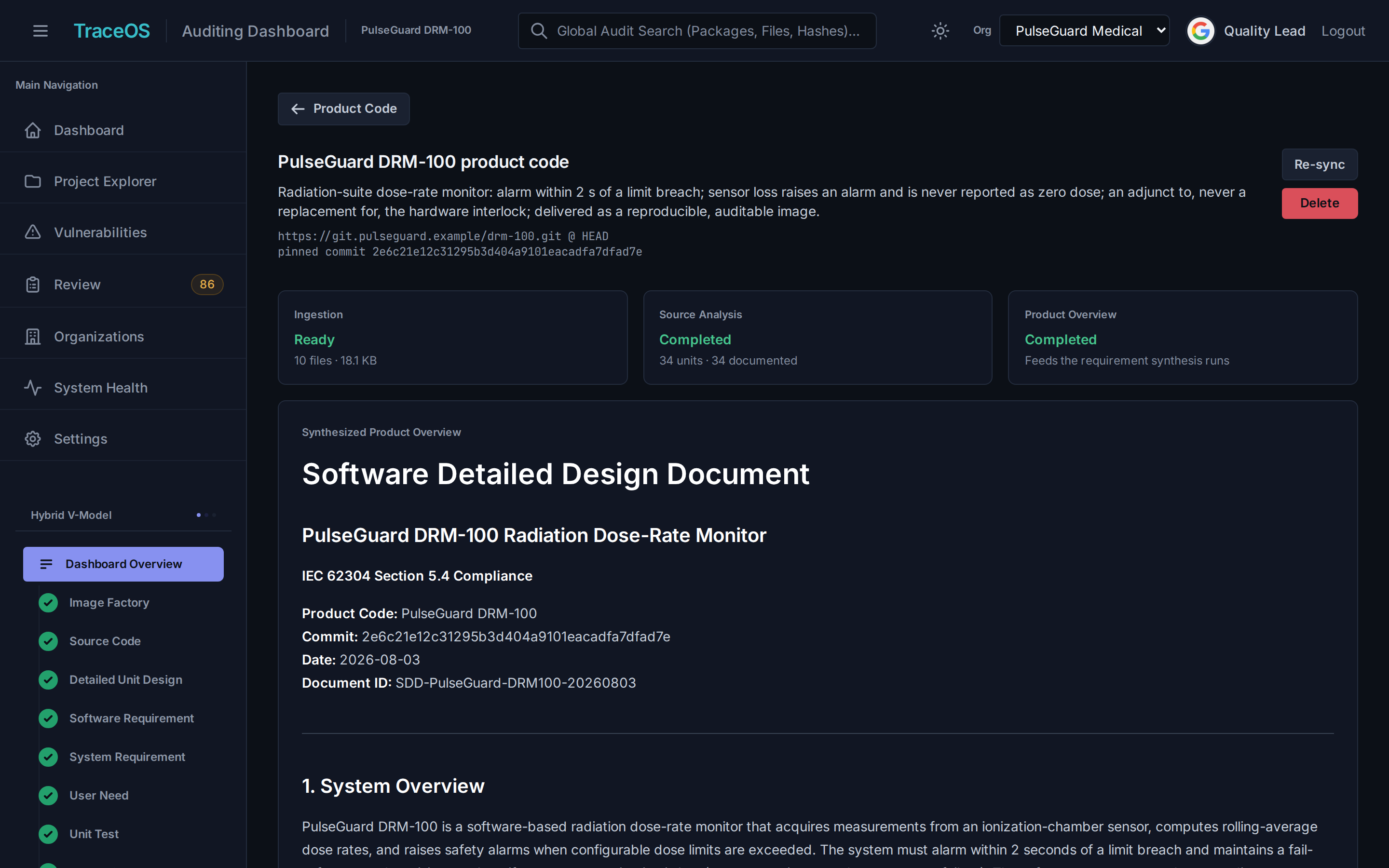 TraceOS product code analysis: a customer repository ingested at a pinned commit, 34 units documented, and a synthesized Software Detailed Design document.