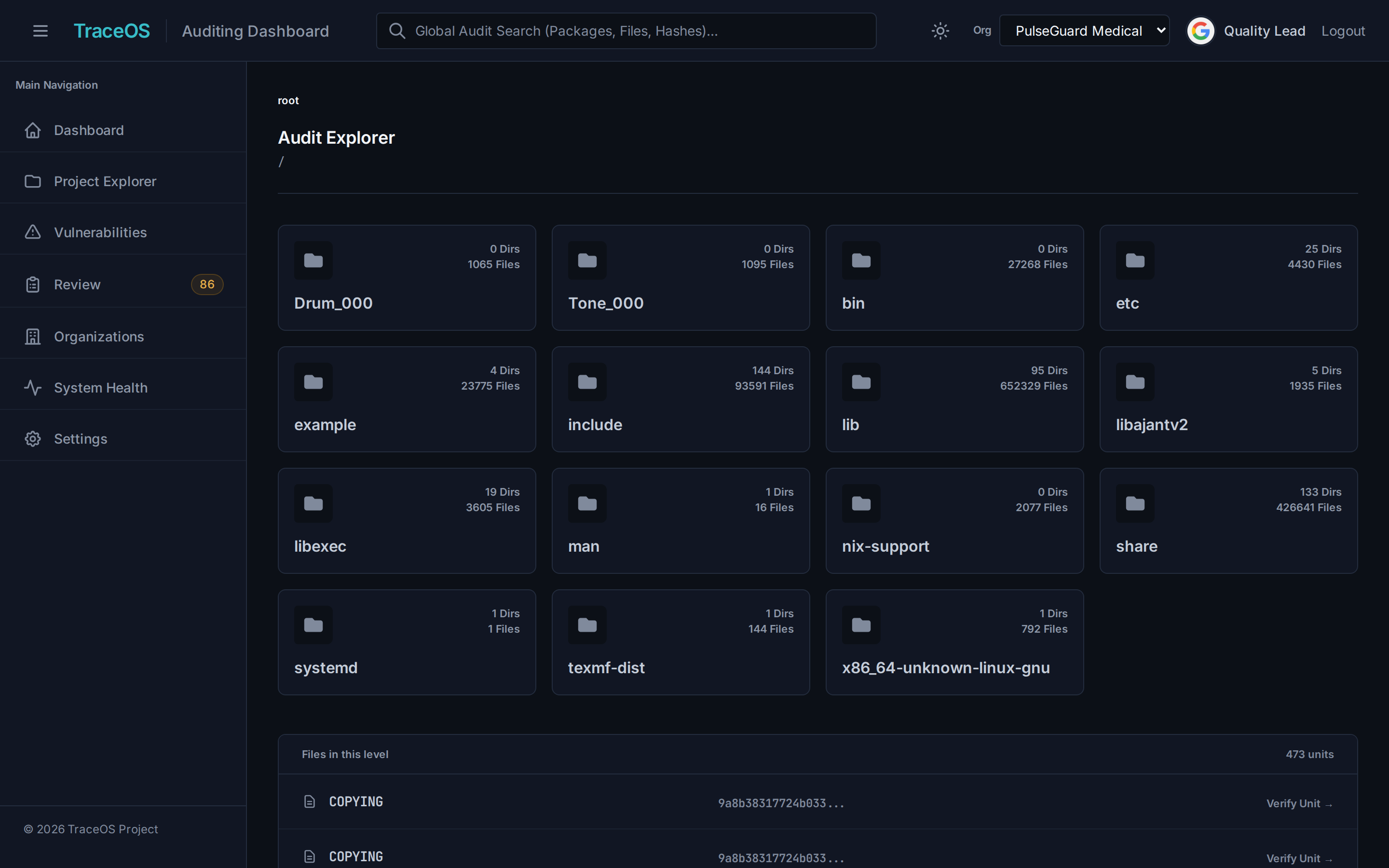 TraceOS Audit Explorer: the full deployed file tree, tens of thousands of files, each with a cryptographic hash.
