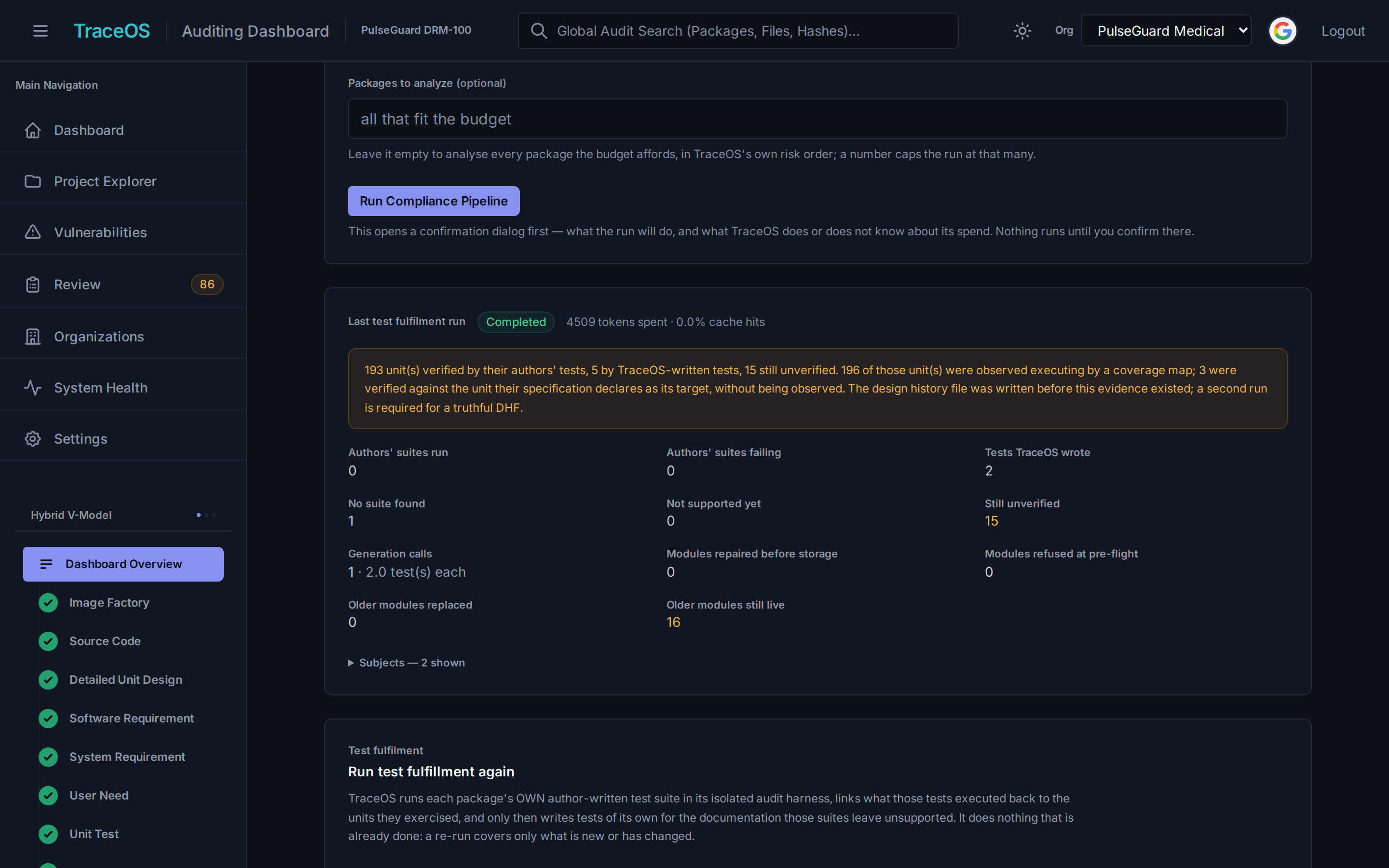 TraceOS test fulfilment run: units verified by their authors' own tests run in the isolated audit harness, units verified by TraceOS-written tests, and units still unverified, each counted separately.