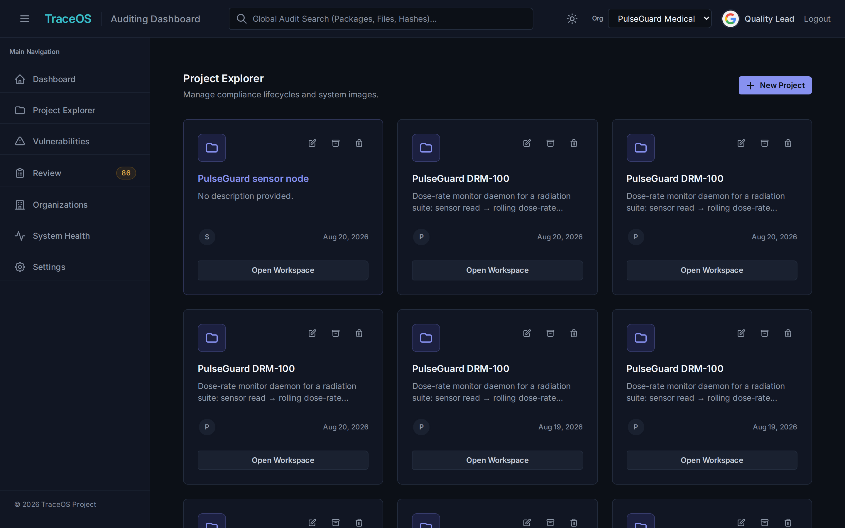TraceOS Image Factory: multiple controlled image profiles with blueprint, latest audit, and build status.