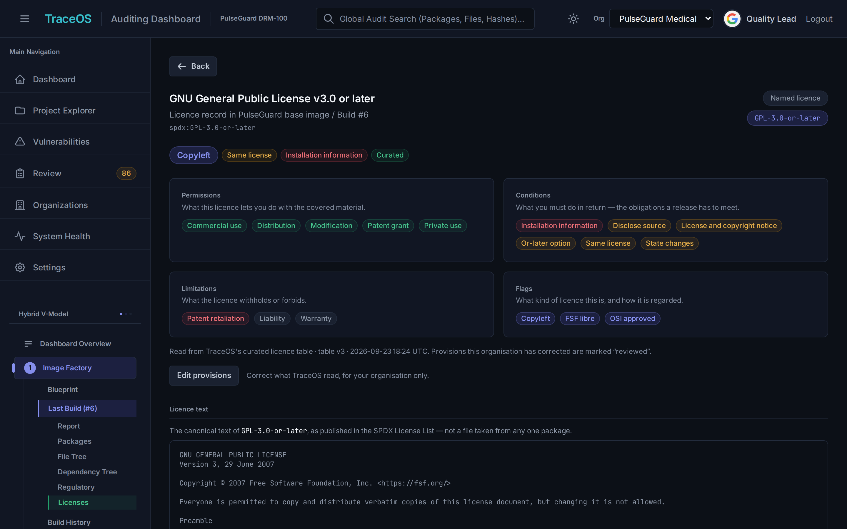 TraceOS licence record for GPL-3.0-or-later: permissions, release conditions such as disclosing source and providing installation information, limitations, and flags, read from a curated licence table.