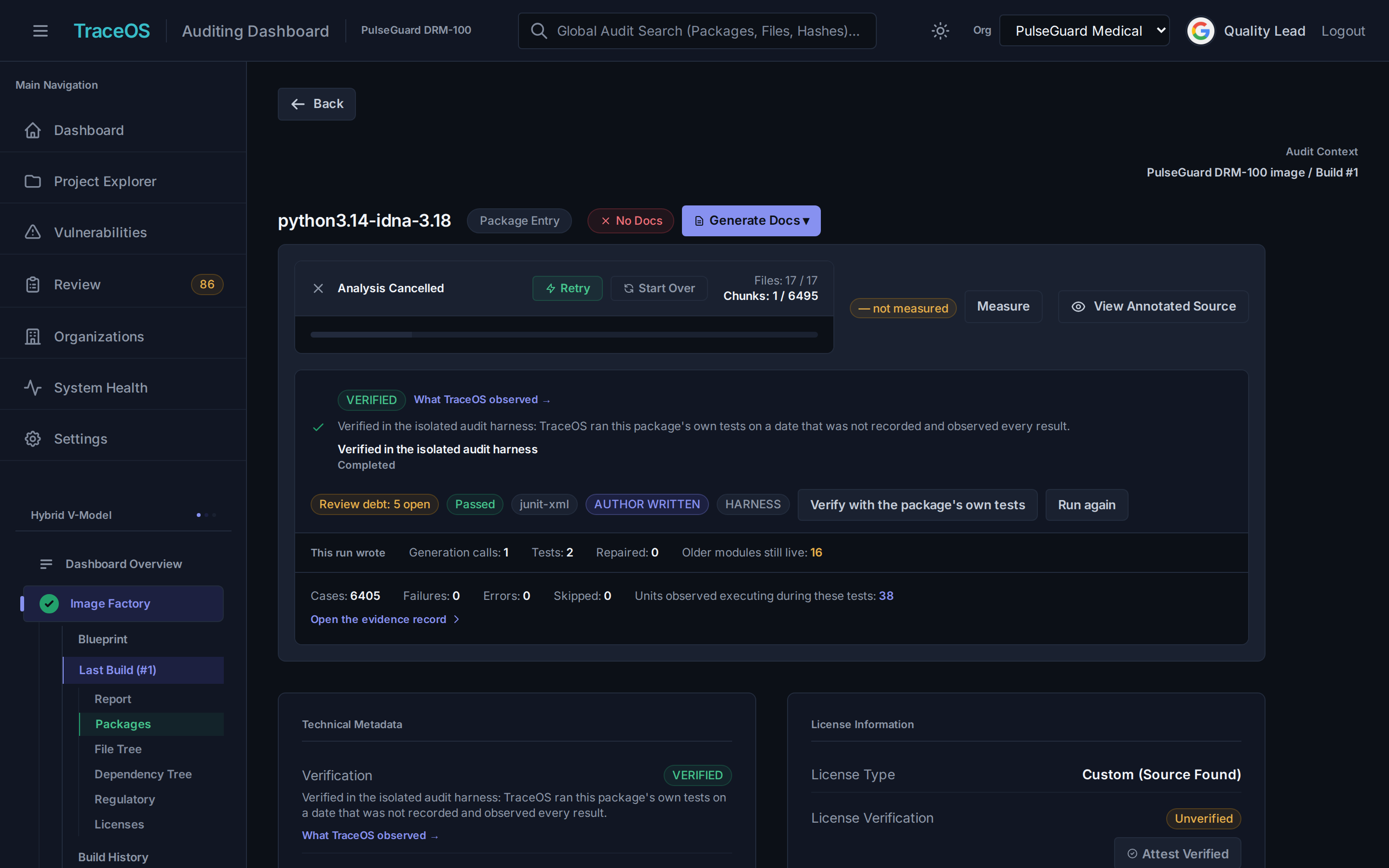 TraceOS package verification: a Verified pill reporting that TraceOS ran this package's own tests in the isolated audit harness and observed every result, with Author Written and Harness pills and a case count of 6405 with 0 failures.