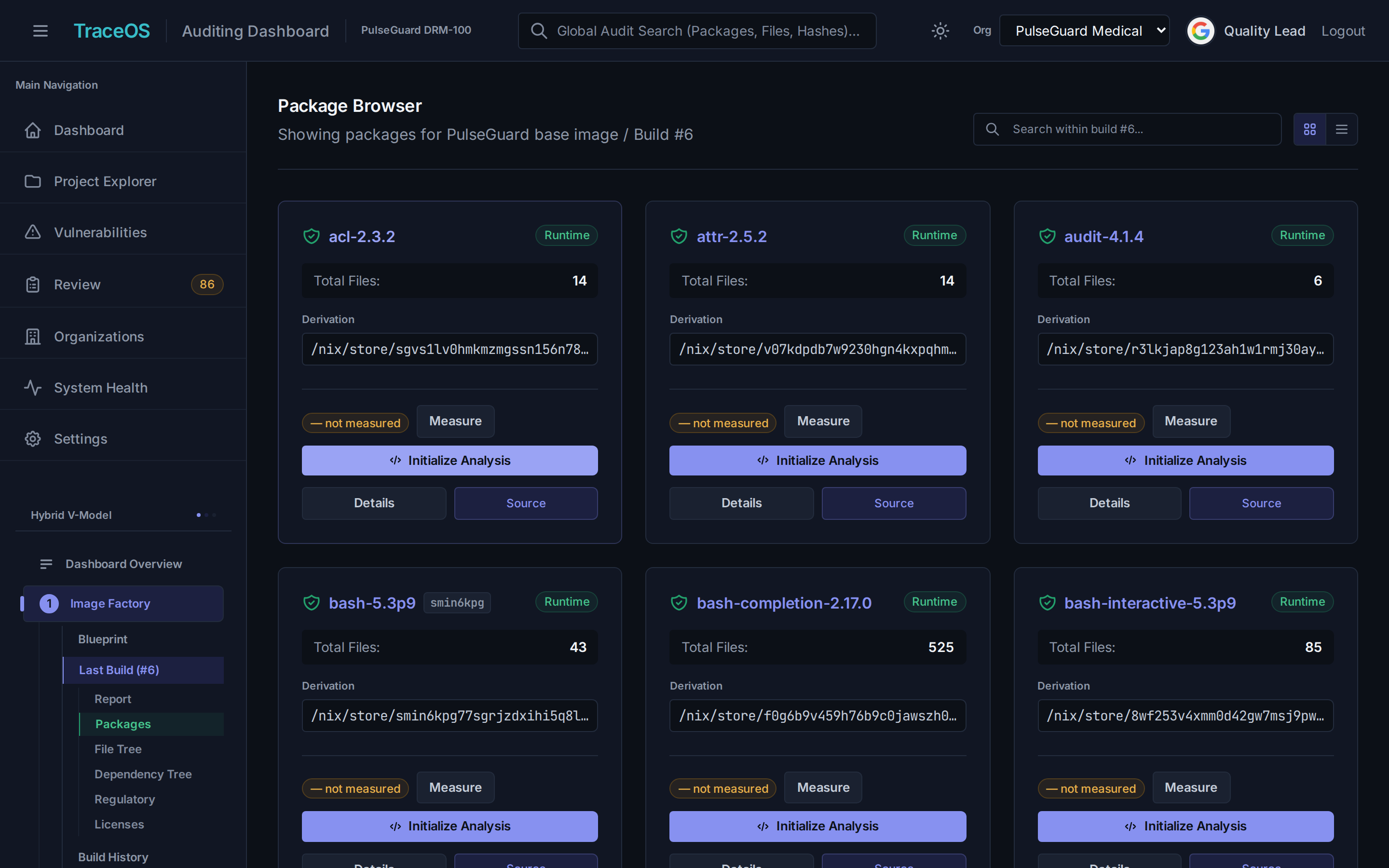 TraceOS Package Browser: each package with runtime classification, file counts, and its exact build derivation path.