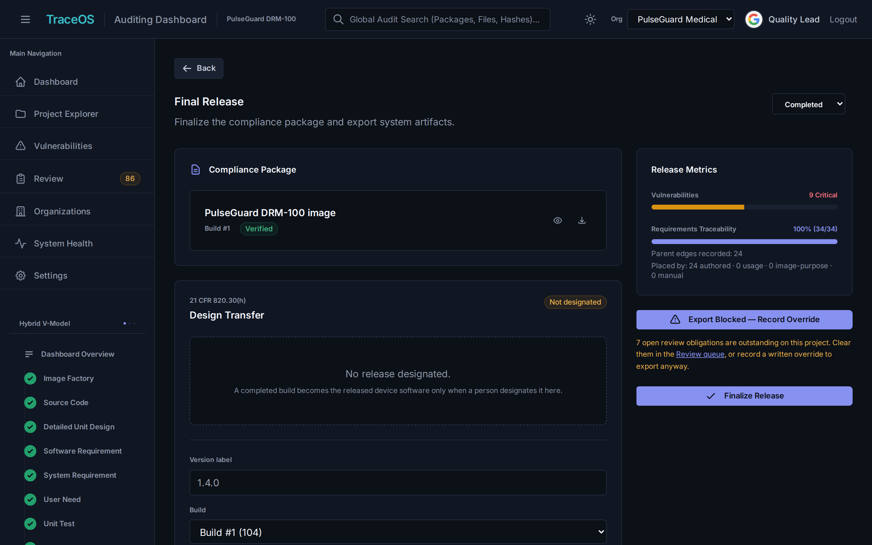 TraceOS Final Release: the generated IEC 62304 final compliance summary with executive compliance status, and one-click release archive export.