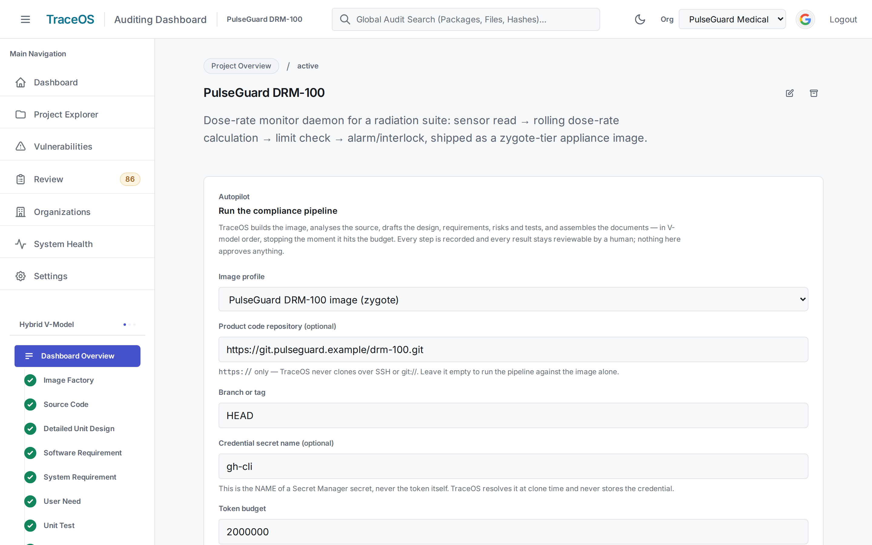 TraceOS Autopilot: define the image, point at your product repository, and run the entire compliance pipeline from one screen — human review tracked in parallel.
