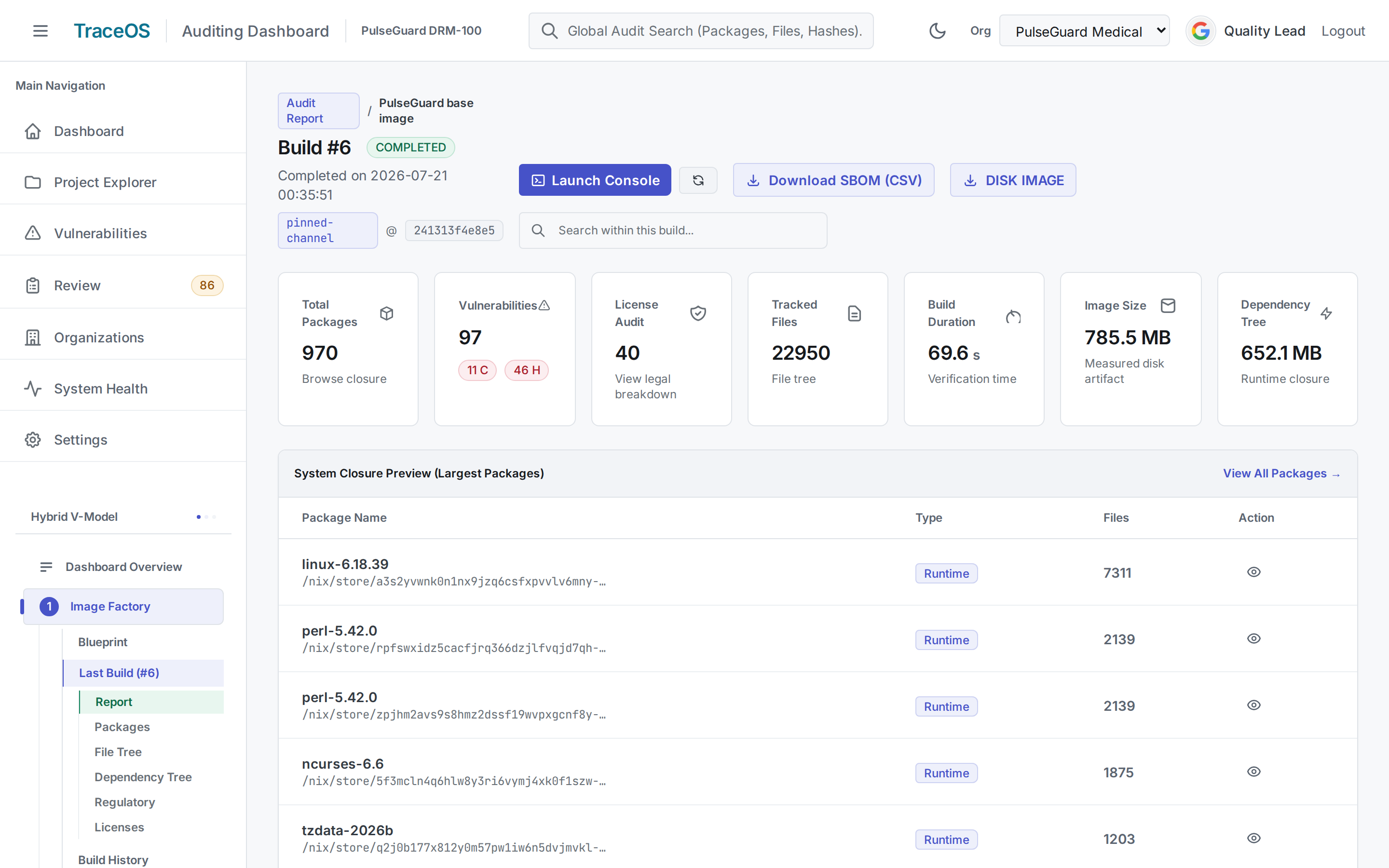 TraceOS audit report: 970 packages in the deployed system, 22,950 cryptographically tracked files, dual CVE scan, full license audit, and measured image size — for a single device build.