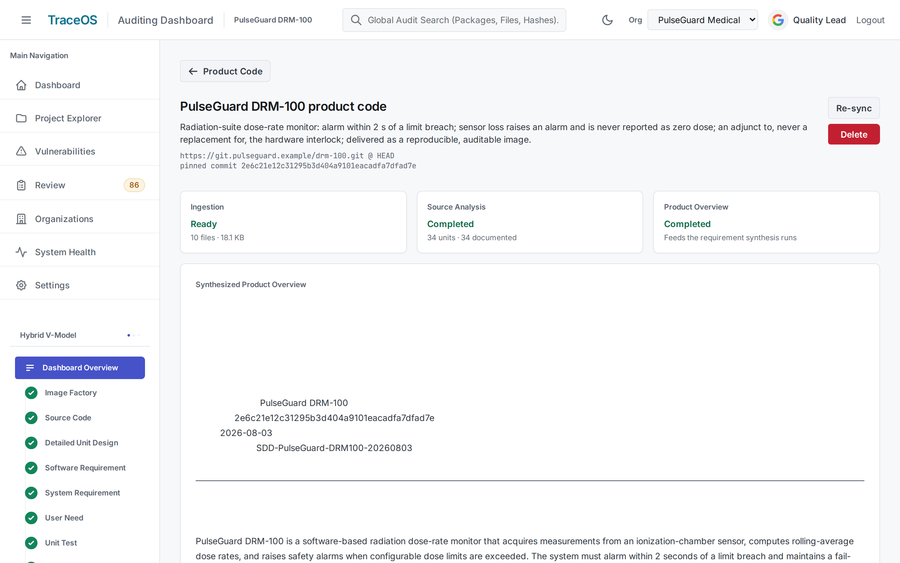 TraceOS product code analysis: a customer repository ingested at a pinned commit, 34 units documented, and a synthesized Software Detailed Design document.