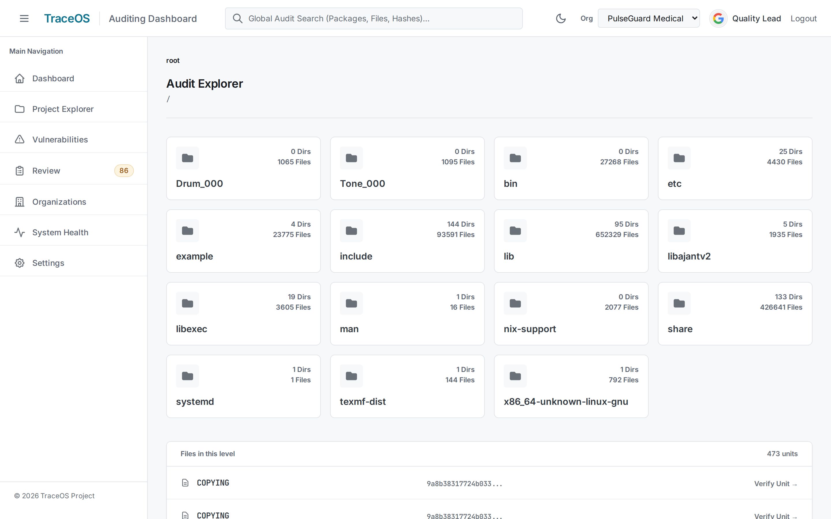 TraceOS Audit Explorer: the full deployed file tree, tens of thousands of files, each with a cryptographic hash.