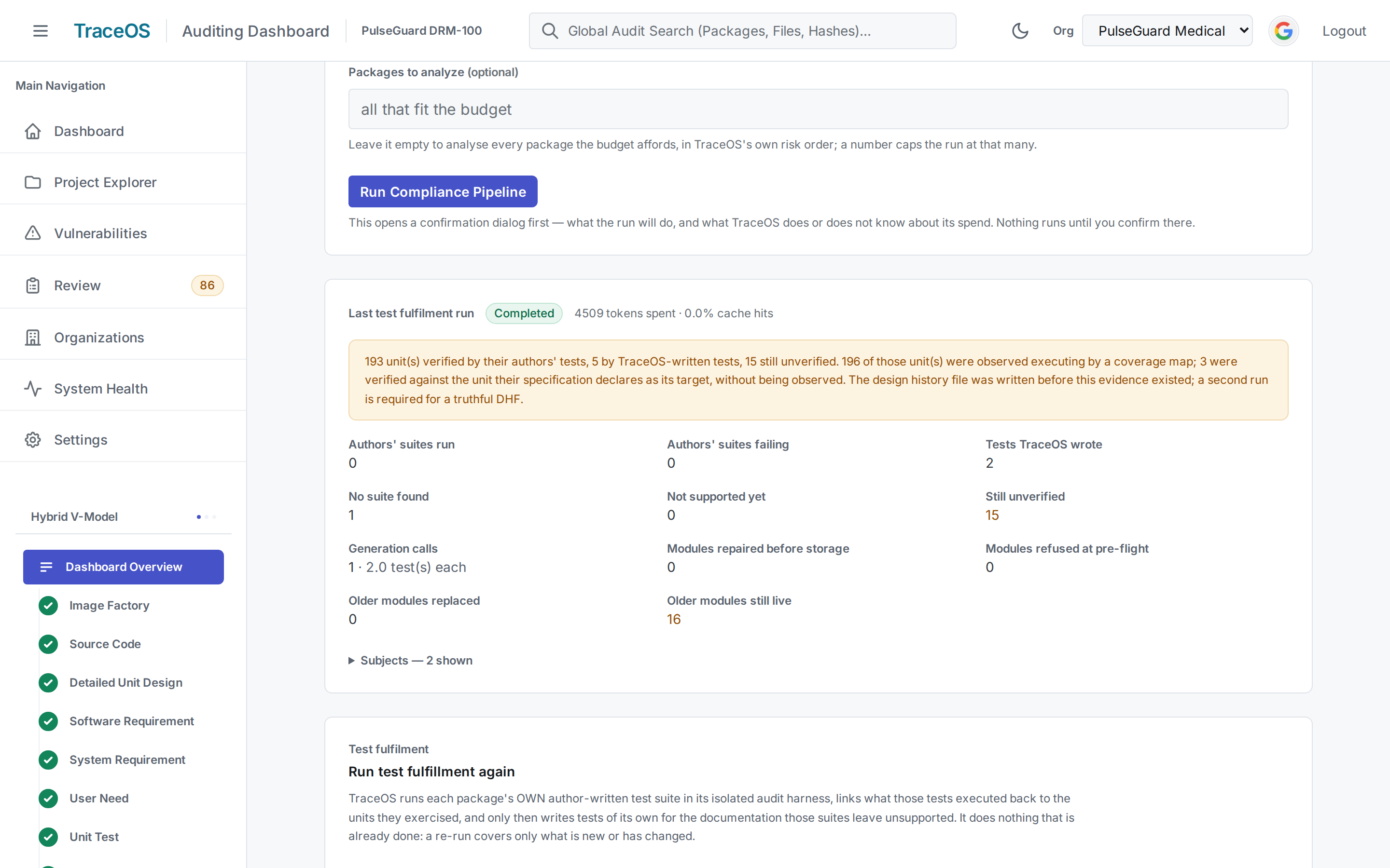 TraceOS test fulfilment run: units verified by their authors' own tests run in the isolated audit harness, units verified by TraceOS-written tests, and units still unverified, each counted separately.