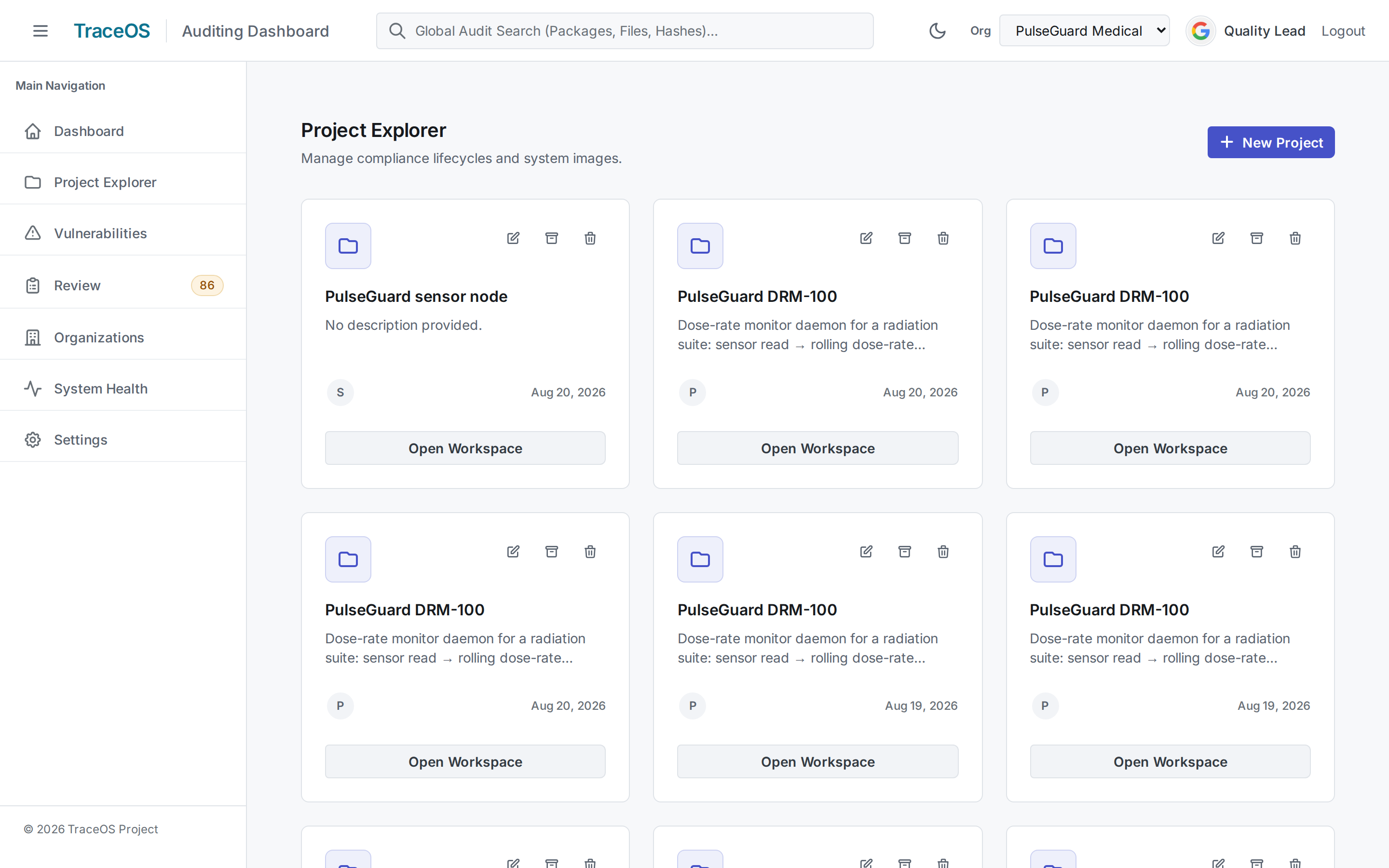TraceOS Image Factory: multiple controlled image profiles with blueprint, latest audit, and build status.