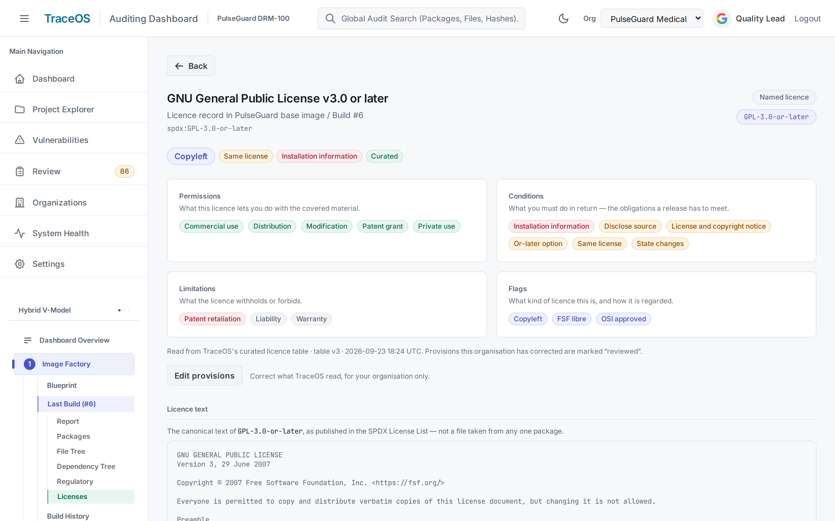 TraceOS licence record for GPL-3.0-or-later: permissions, release conditions such as disclosing source and providing installation information, limitations, and flags, read from a curated licence table.