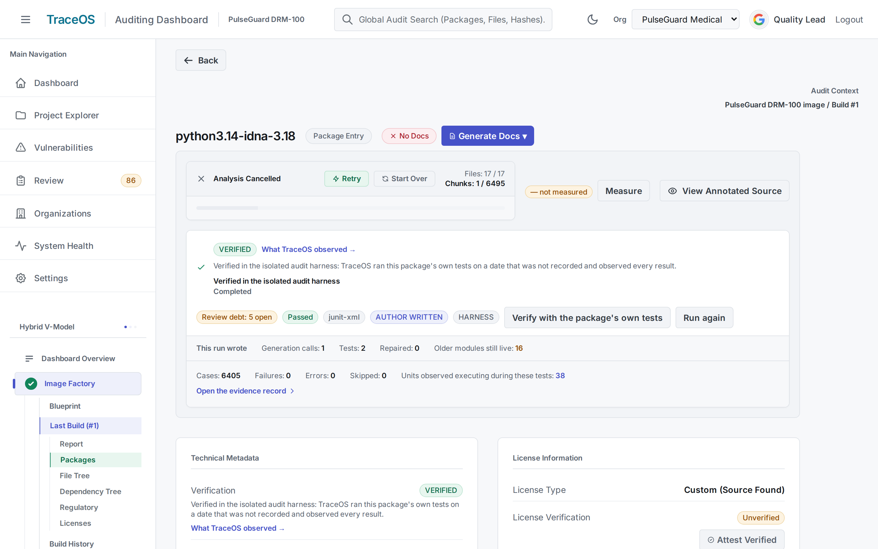 TraceOS package verification: a Verified pill reporting that TraceOS ran this package's own tests in the isolated audit harness and observed every result, with Author Written and Harness pills and a case count of 6405 with 0 failures.