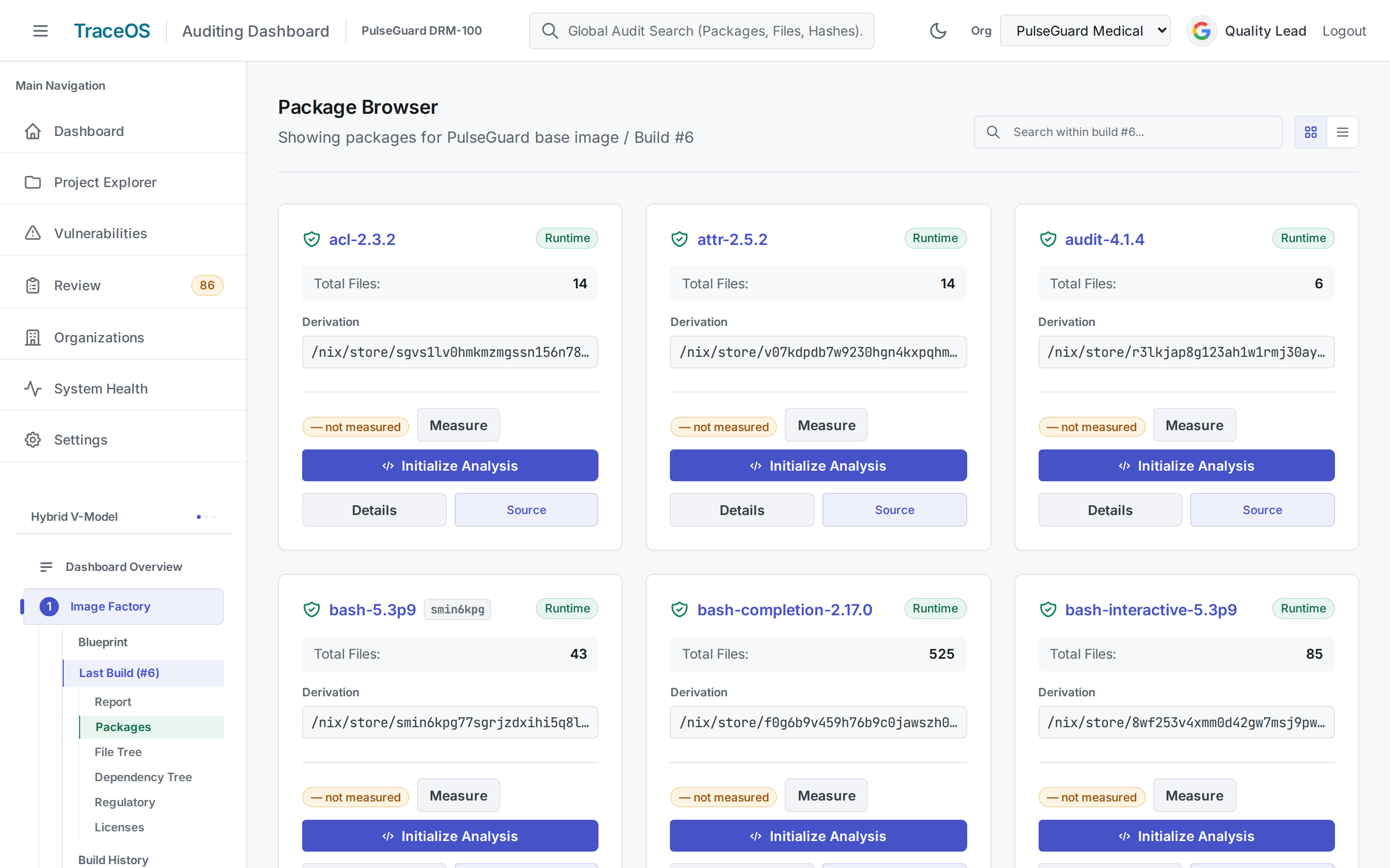 TraceOS Package Browser: each package with runtime classification, file counts, and its exact build derivation path.