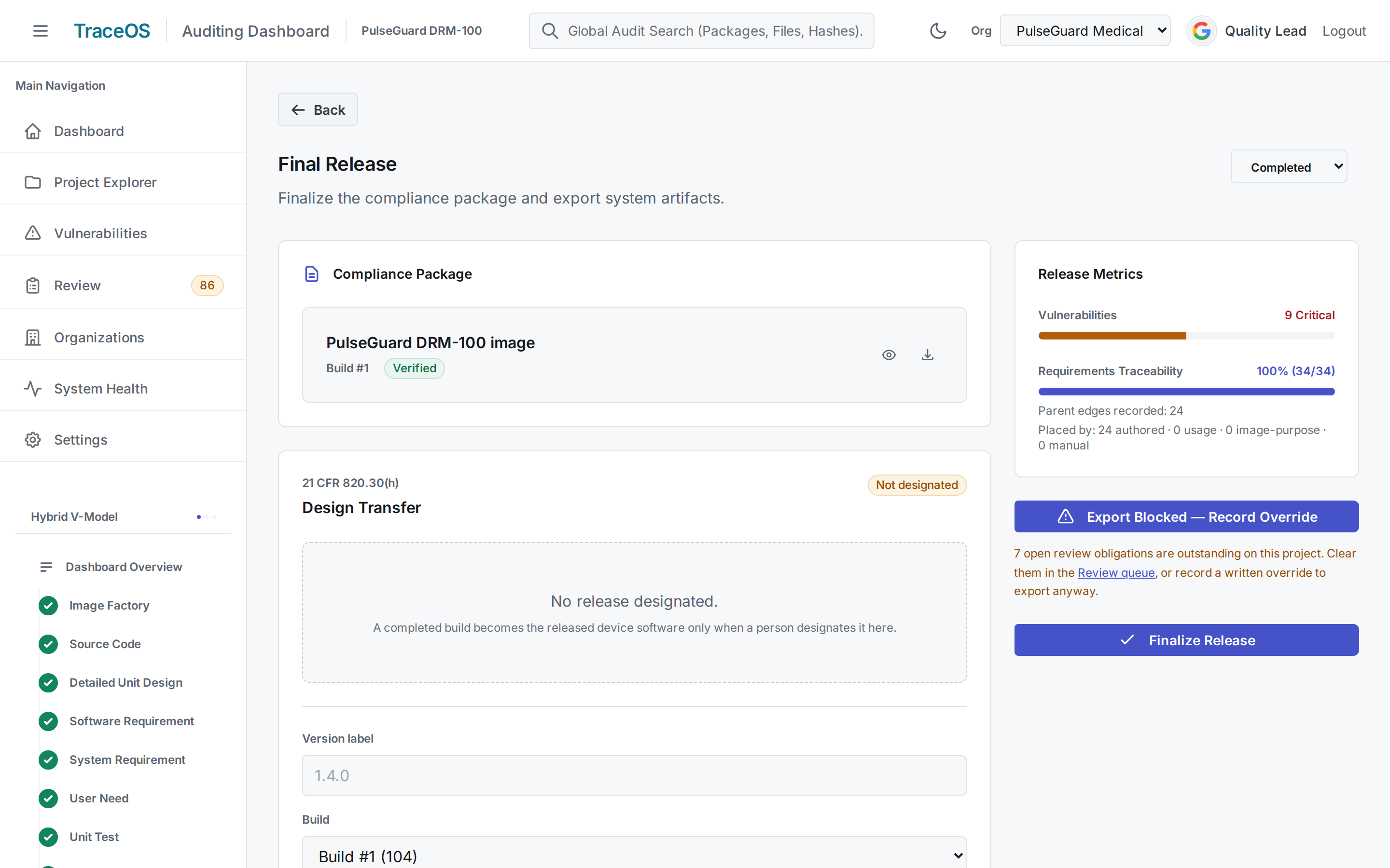 TraceOS Final Release: the generated IEC 62304 final compliance summary with executive compliance status, and one-click release archive export.