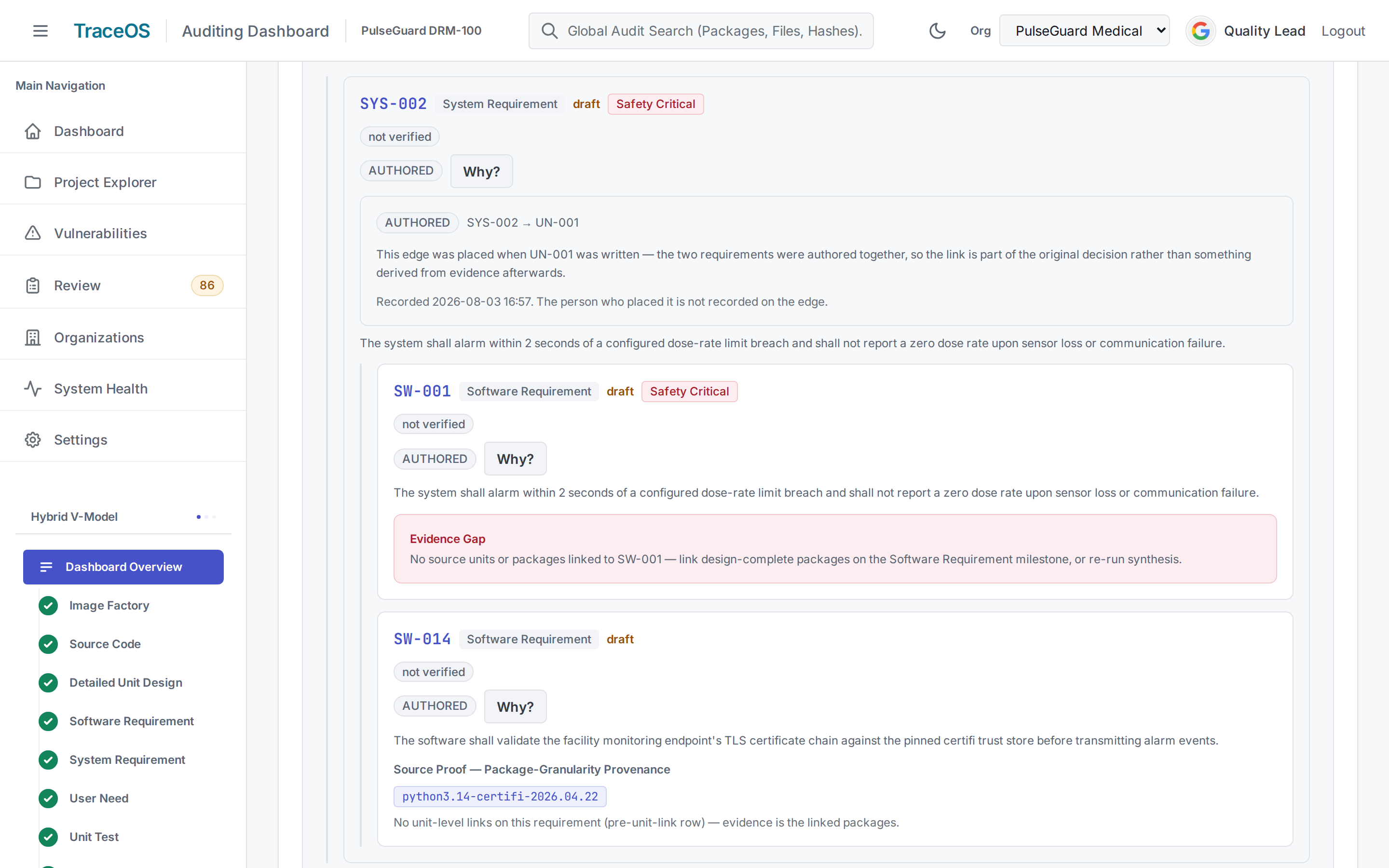 TraceOS traceability view with the Why? panel open on a system requirement: the edge to its user need, how and when it was placed, and an evidence gap flagged on a software requirement below it.
